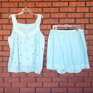 Dreams Co Summer Pajama Set 1X 22 / 24 Blue Tank Shorts Floral Embroidered Lace